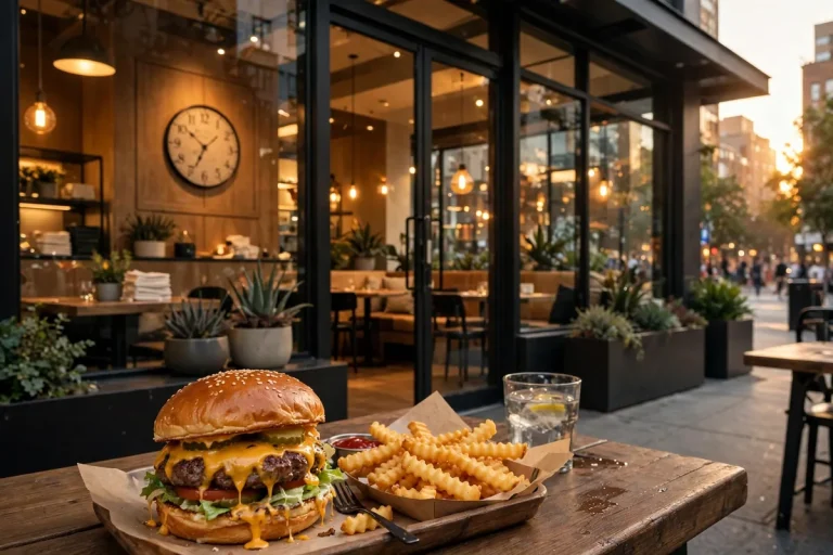 Shake Shack working hours: glowing burger restaurant storefront in the evening