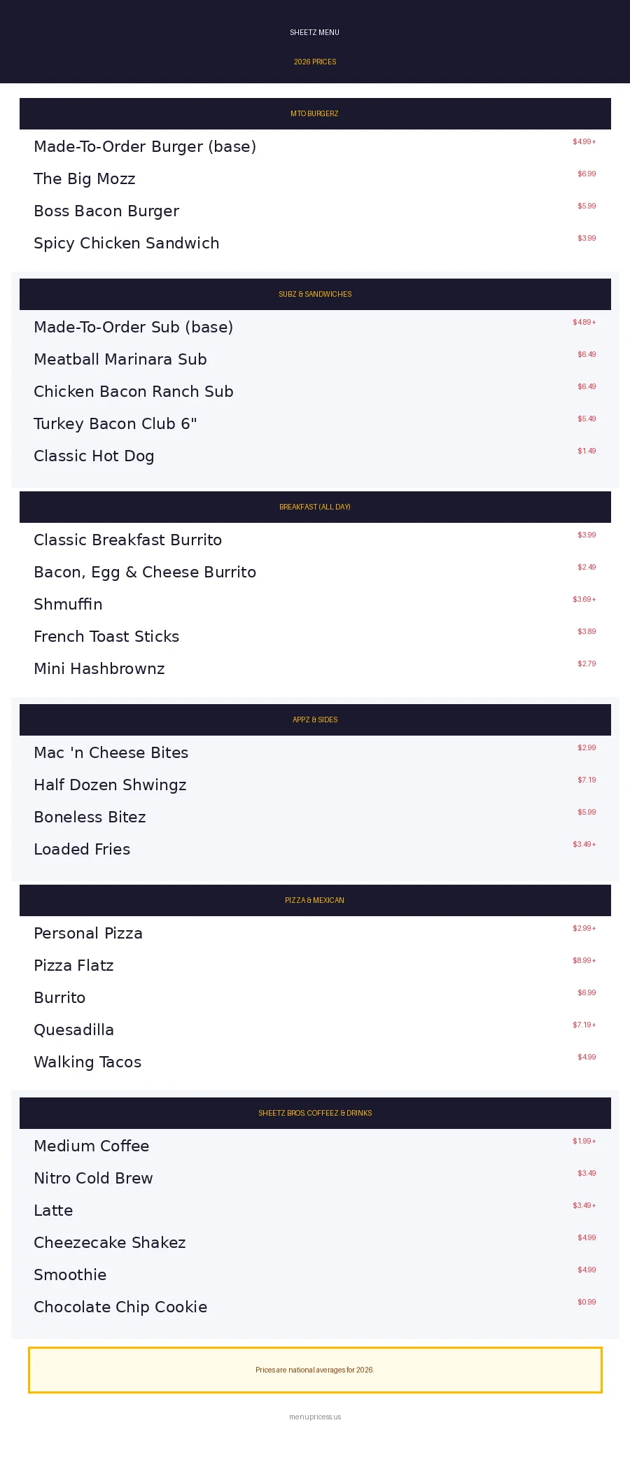 Sheetz menu card with 2026 prices