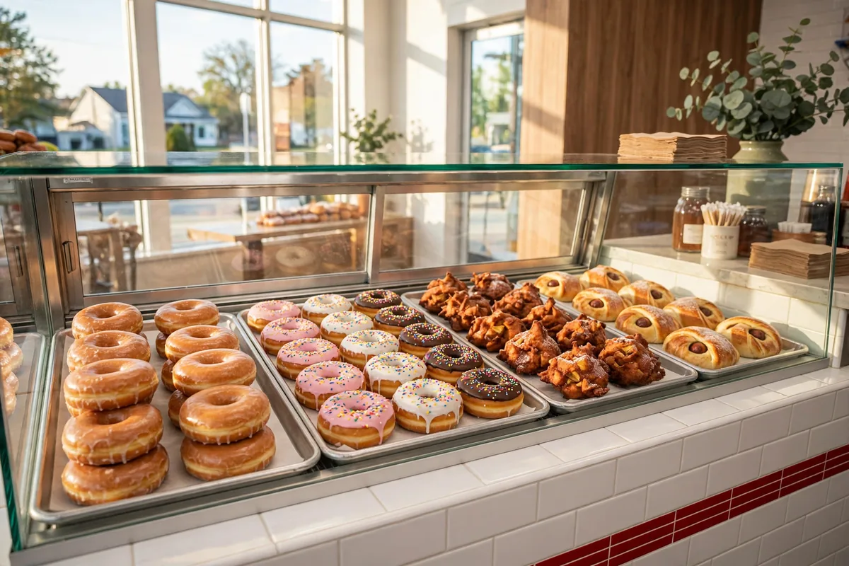 Shipley Do-Nuts menu prices 2026 do-nut shop display case with glazed do-nuts and kolaches