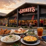Shoney's calories at Shoney's family restaurant storefront at sunset.