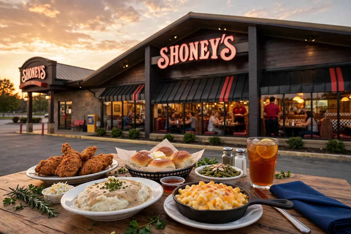 Shoney's calories at Shoney's family restaurant storefront at sunset.