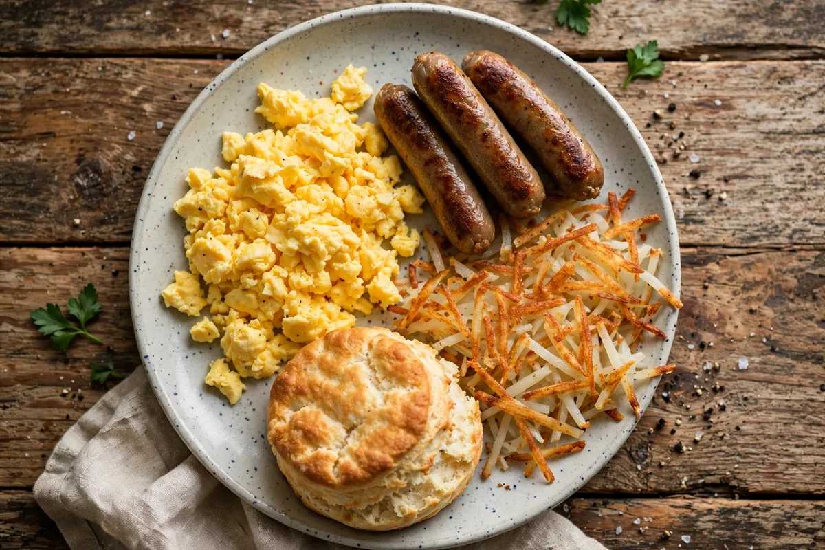 Shoney's breakfast calories: scrambled eggs, sausage, hash browns and biscuit plate