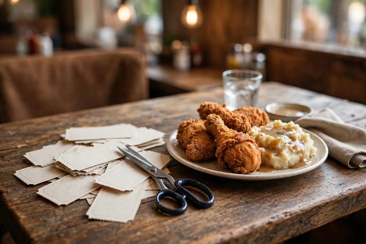 Shoney's menu deals: coupon tickets and scissors beside fried chicken and mashed potatoes