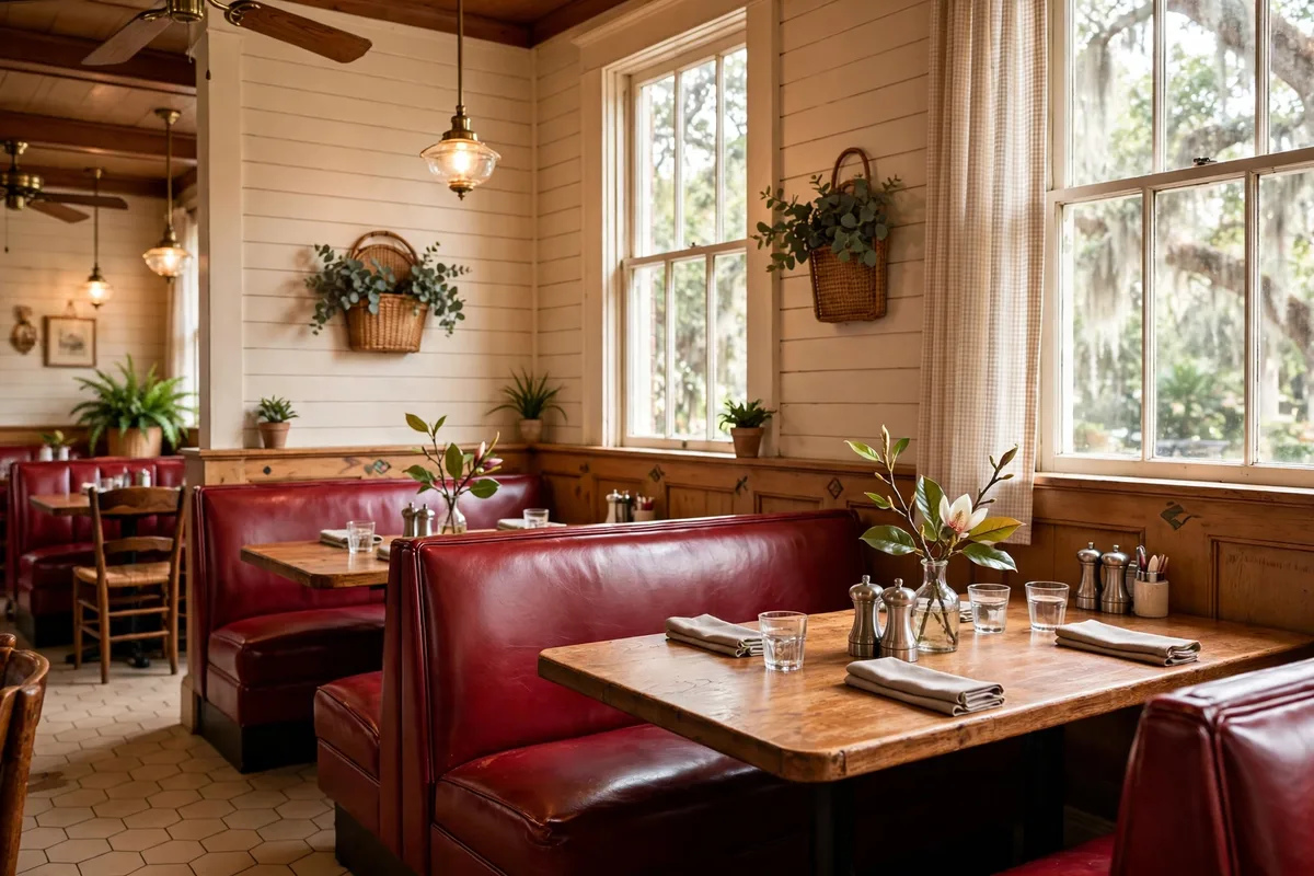Cozy Shoney's dining room with red booths, shoneys menu locations near me