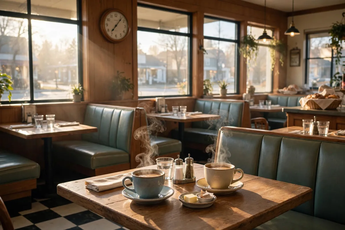 Sunlit family restaurant dining room with morning coffee for the Shoney's working hours guide
