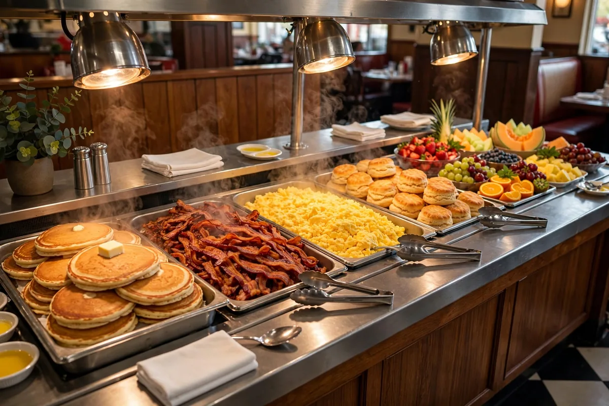 Shoney's breakfast bar hours spread with pancakes, bacon, eggs and biscuits on a warm buffet