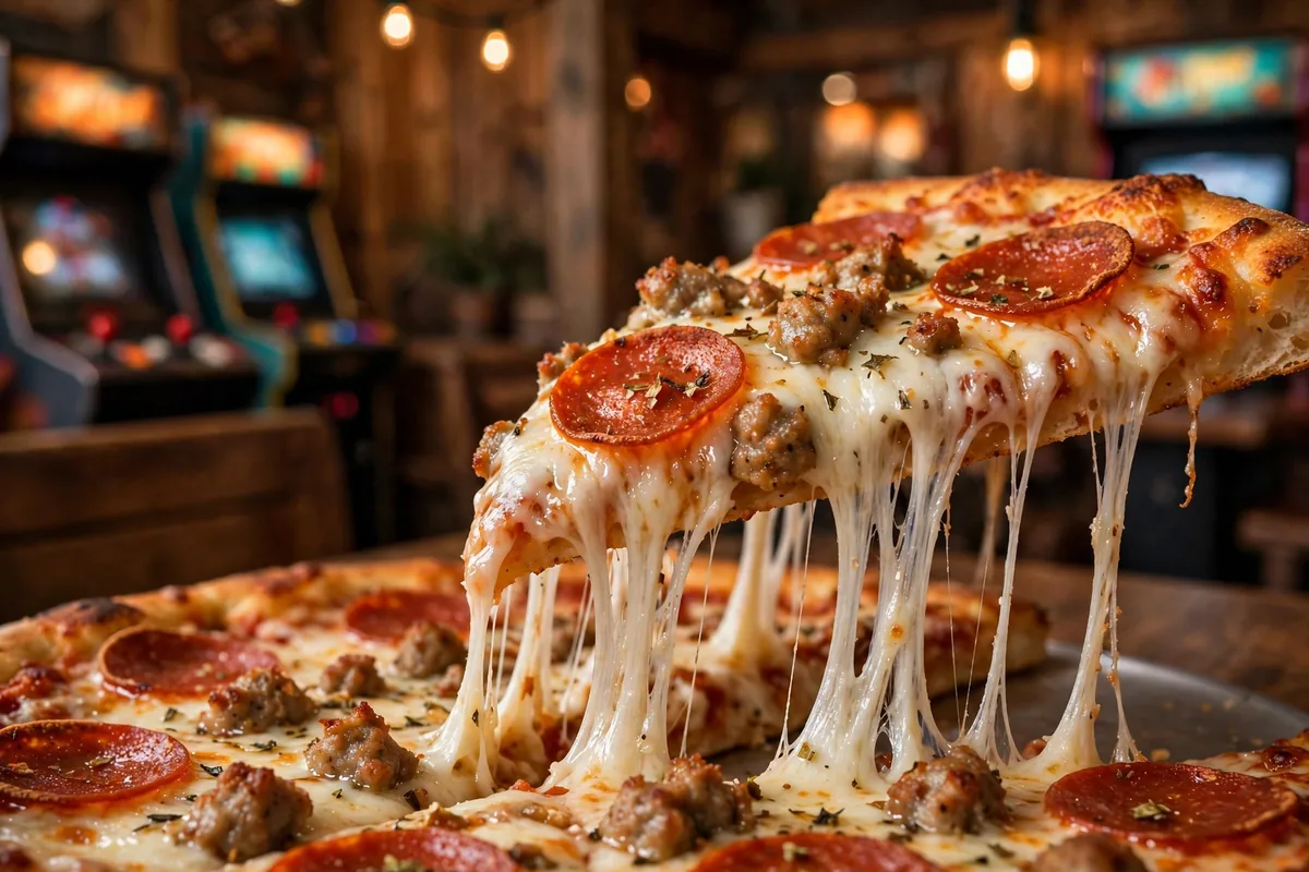 Shotgun Dan's pizza menu prices 2026, cheesy pizza slice with cheese pull