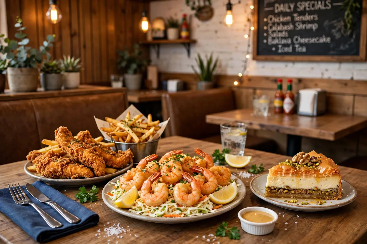 Showmars menu prices 2026 Southern fried chicken tenders and Calabash shrimp platter with baklava cheesecake dessert