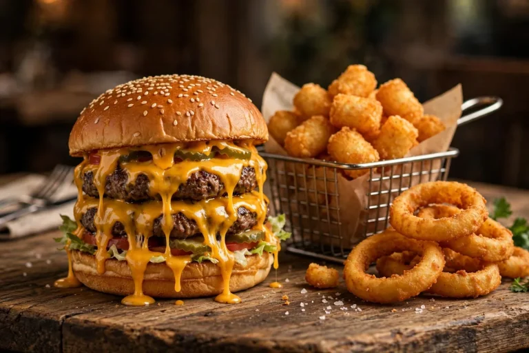 Sickies Garage burgers menu 2026 double cheeseburger with tater tots and onion rings