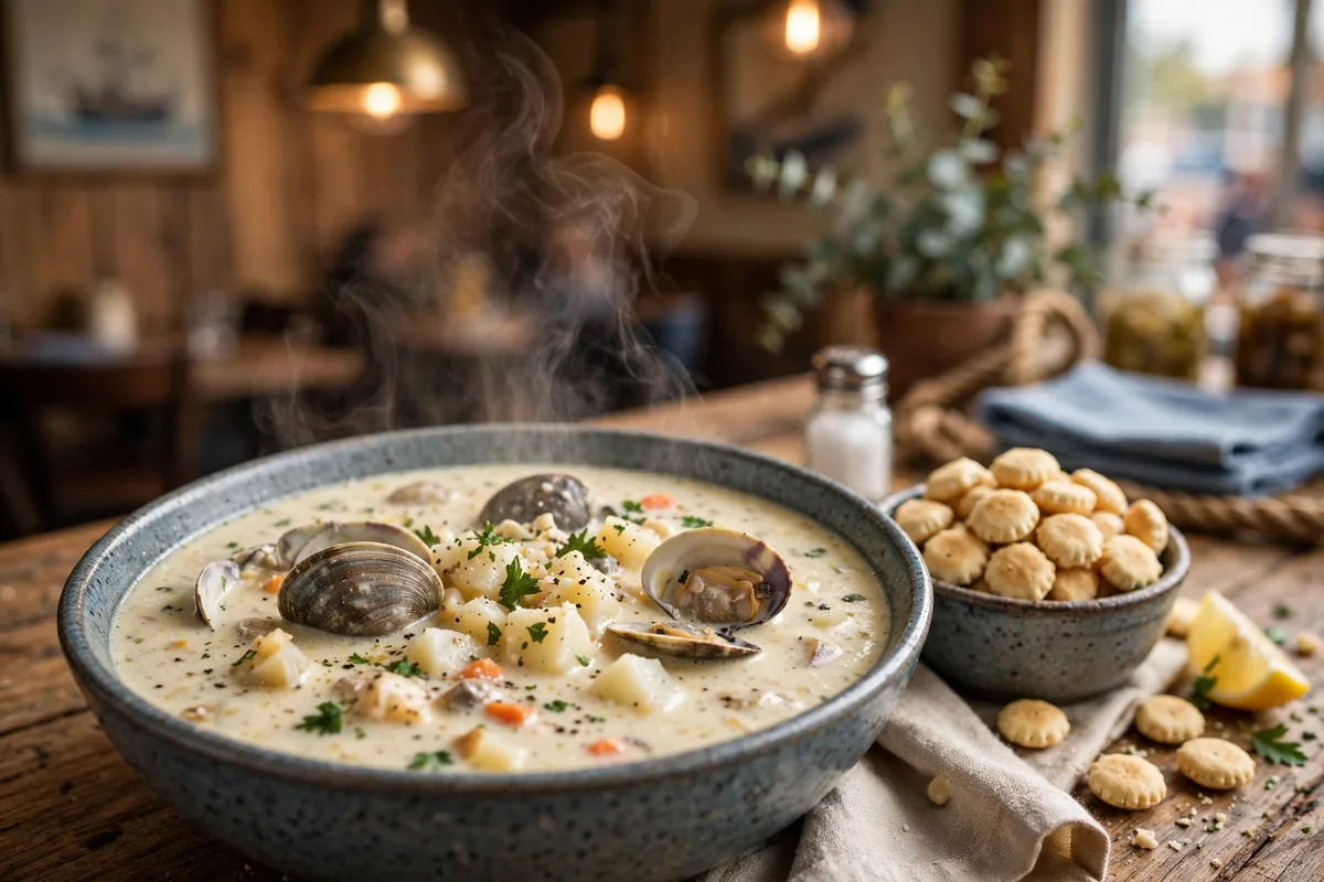 Skippers seafood menu clam chowder prices 2026 creamy clam chowder bowl with crackers