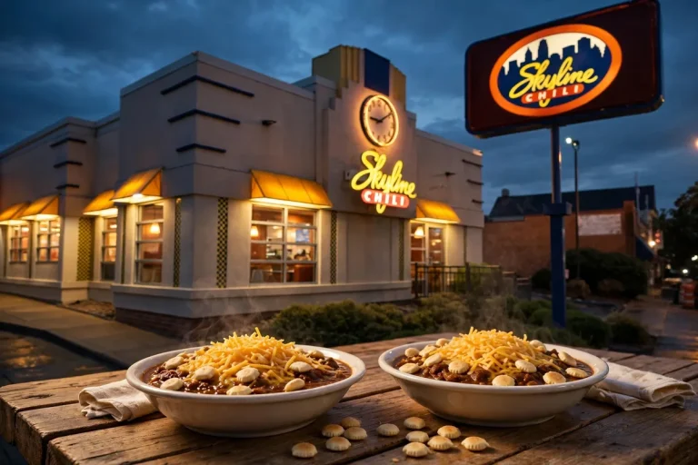 Skyline Chili deals: cozy restaurant storefront at dusk with steaming bowls of Cincinnati-style chili