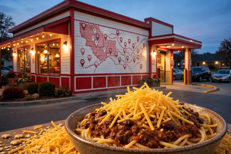 Skyline Chili locations guide: cozy Skyline Chili restaurant storefront at dusk