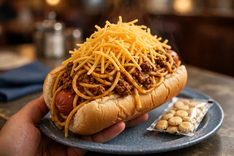 Skyline Chili secret menu spread with 3-way spaghetti, cheese coneys and shredded cheddar