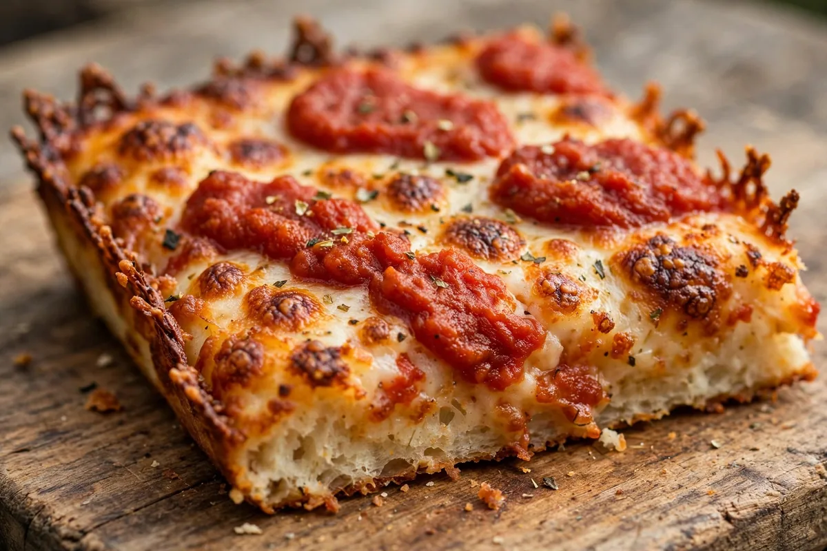 Detroit style pizza slice close-up, slice house menu prices