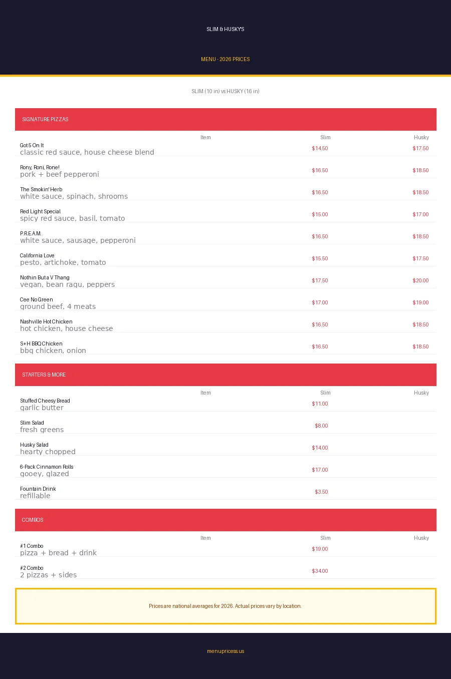 Slim and Huskys pizza menu card with 2026 prices