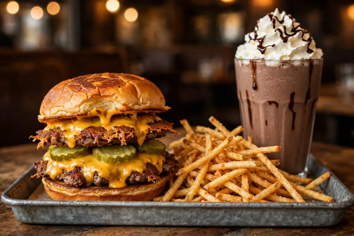 Small Cheval menu prices 2026 - double cheeseburger, golden fries and chocolate milkshake