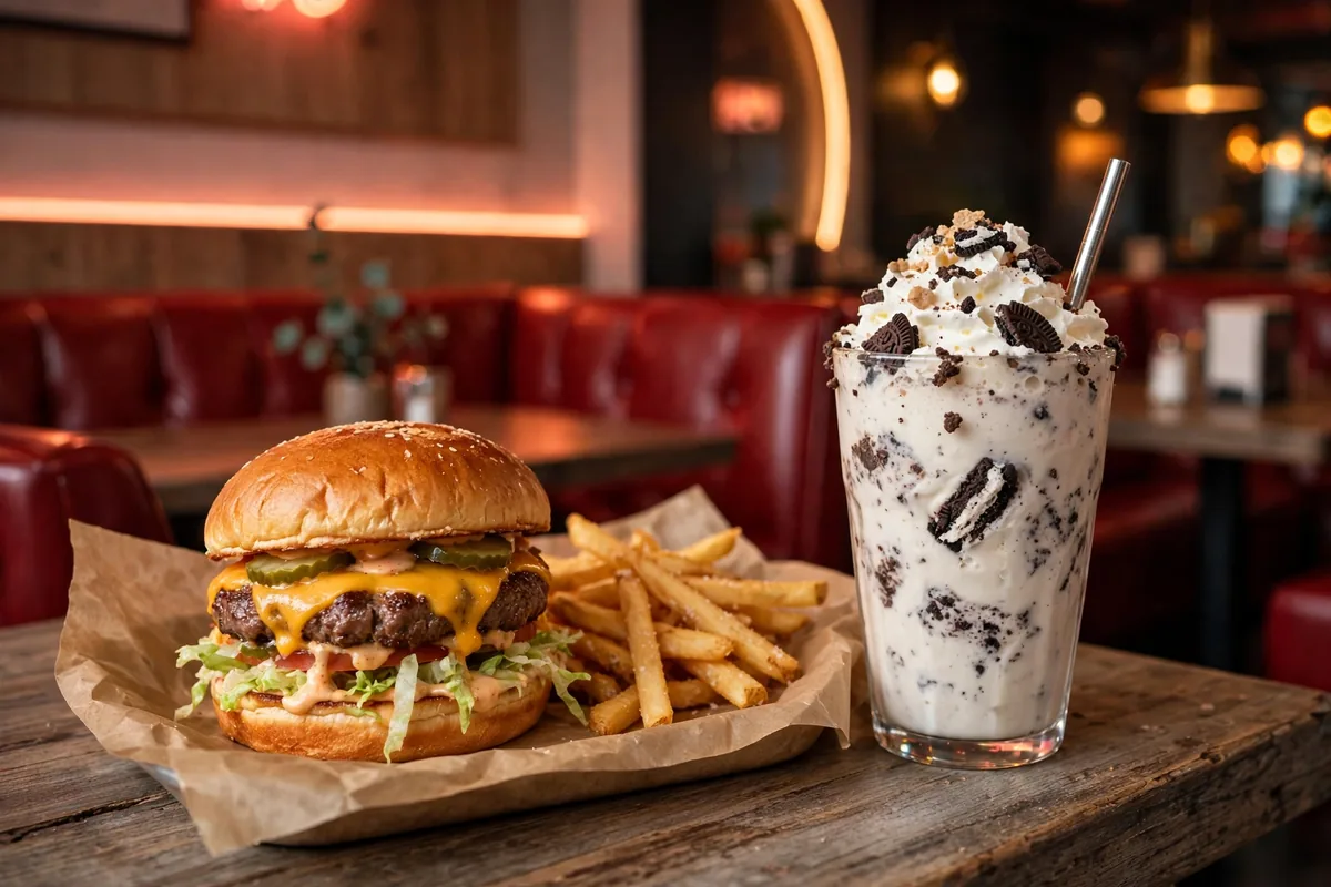 Small Cheval menu - double cheeseburger, golden fries and cookies and cream shake at the diner