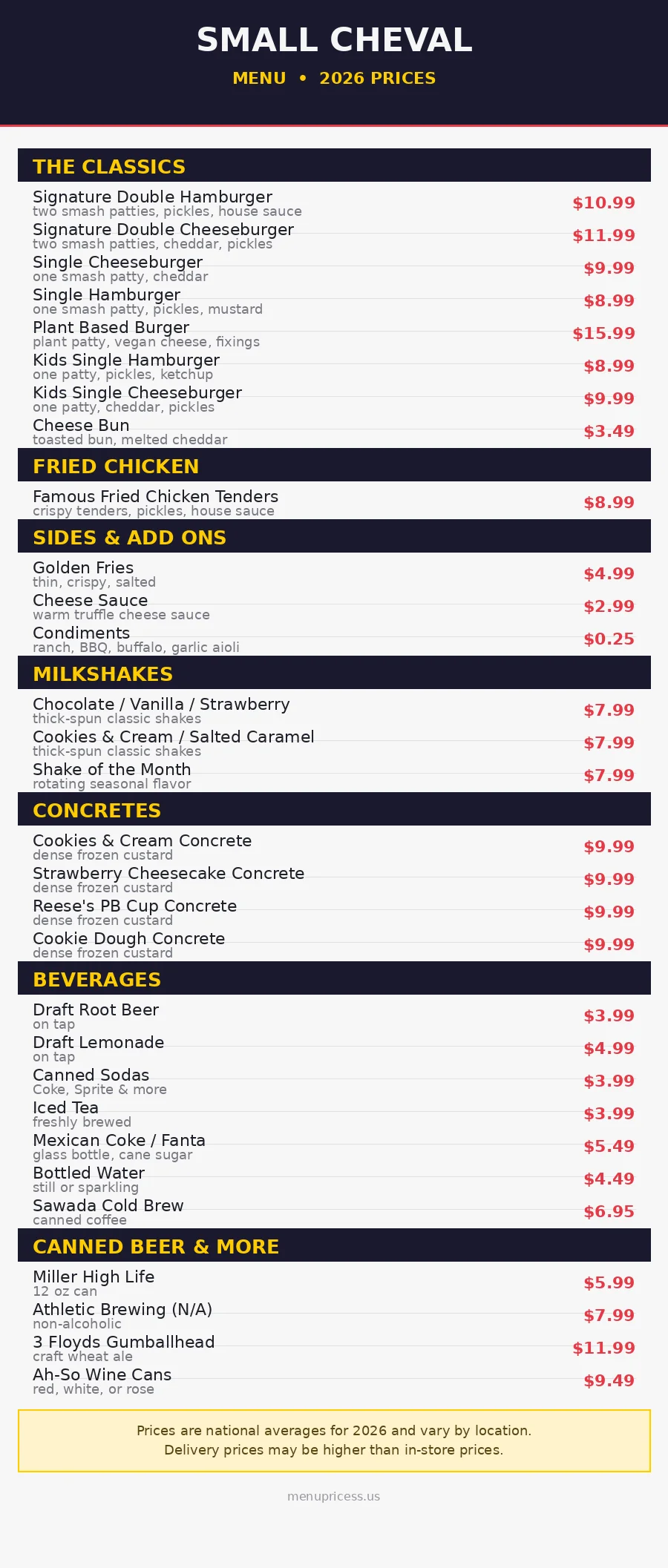 Small Cheval menu prices 2026 - full menu card with burger, chicken, shake and drink prices