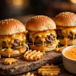 Smalls Sliders secret menu: cheeseburger sliders with waffle fries and queso