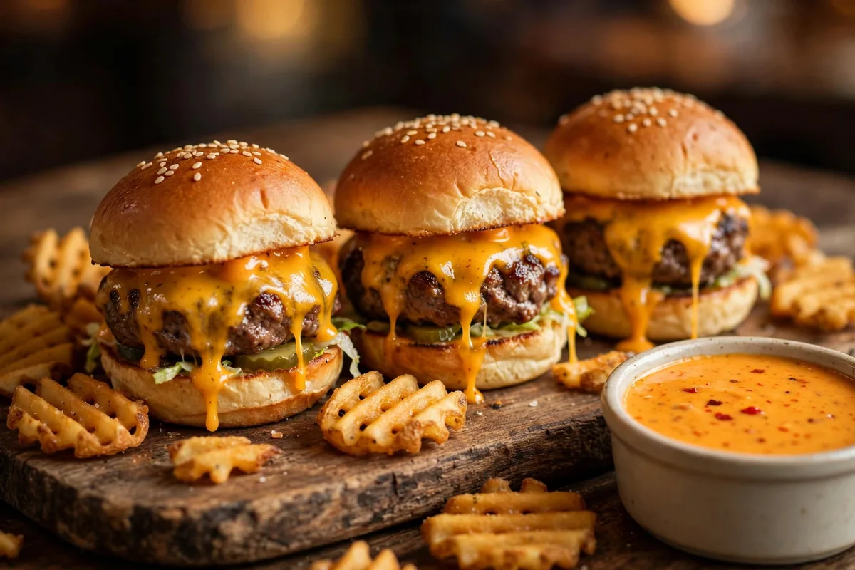 Smalls Sliders secret menu: cheeseburger sliders with waffle fries and queso