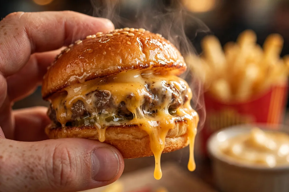 Close-up of a Smalls Sliders cheeseburger slider, worth checking Smalls Sliders working hours for