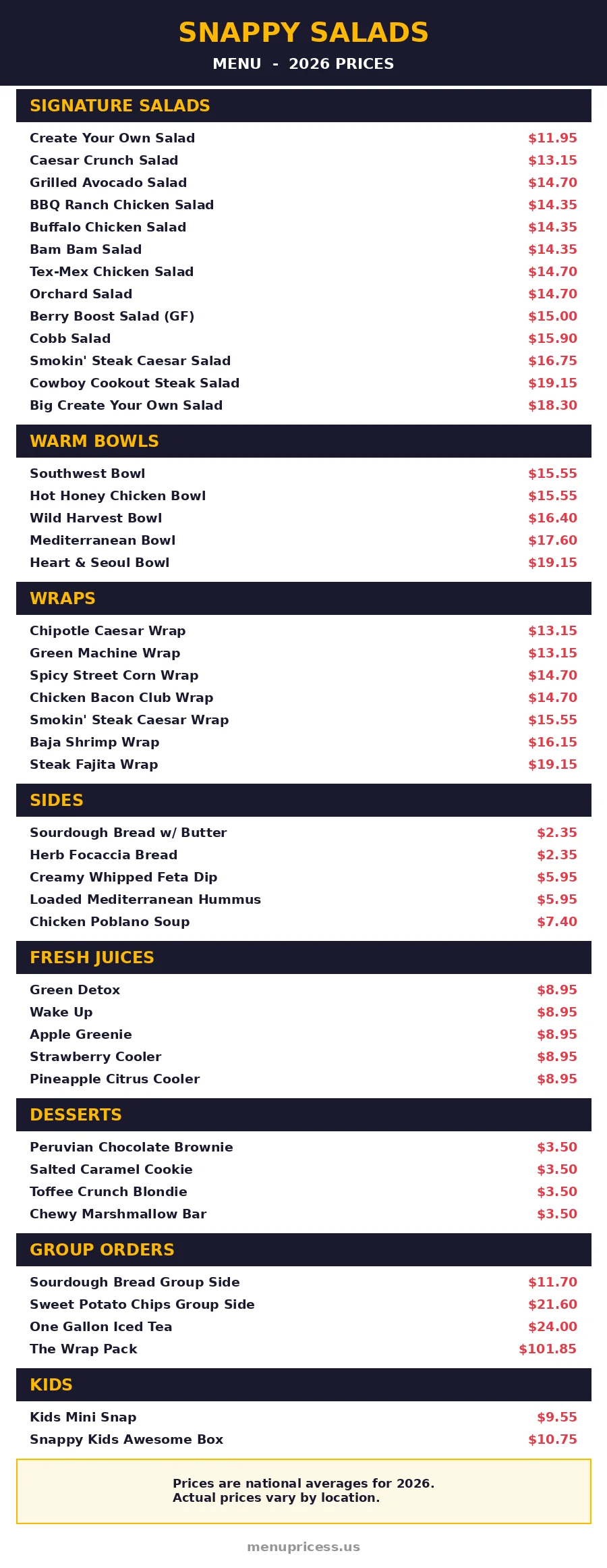 Snappy Salads menu prices 2026 signature salads menu card