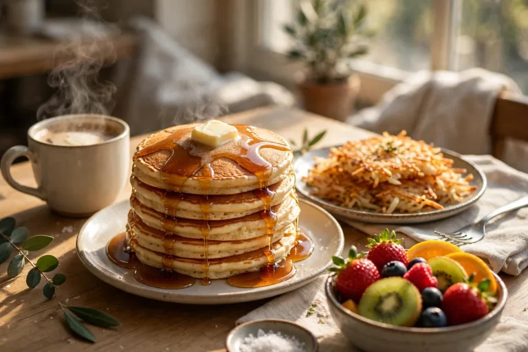 Snooze A.M. Eatery brunch table with pancakes, hash browns, fresh fruit and coffee