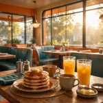 Snooze A.M. Eatery style breakfast table with pancakes, coffee and orange juice in a sunlit diner