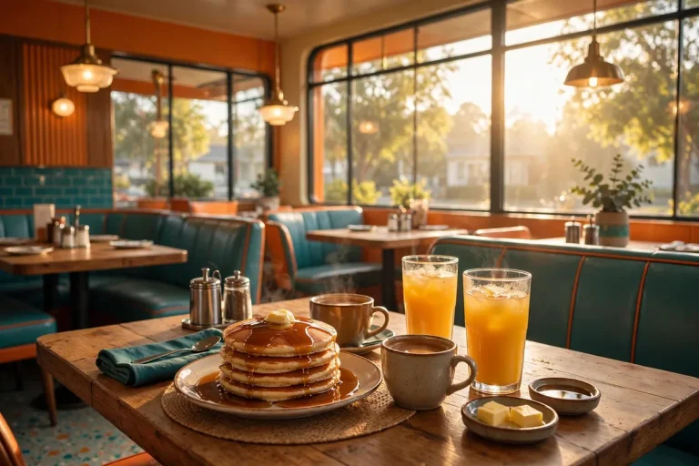 Snooze A.M. Eatery style breakfast table with pancakes, coffee and orange juice in a sunlit diner