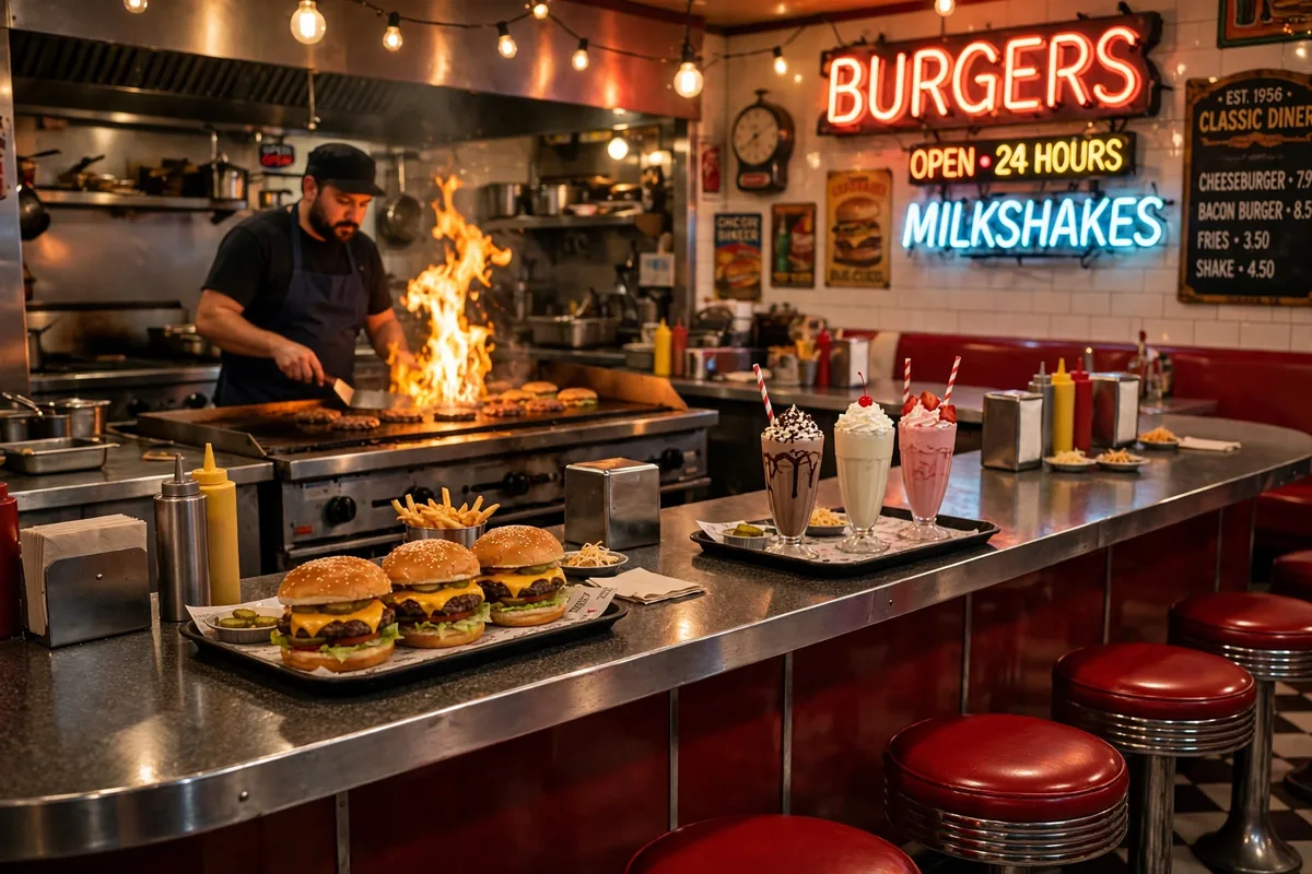 Snuffer's Restaurant classic diner interior with burgers and milkshakes on the menu