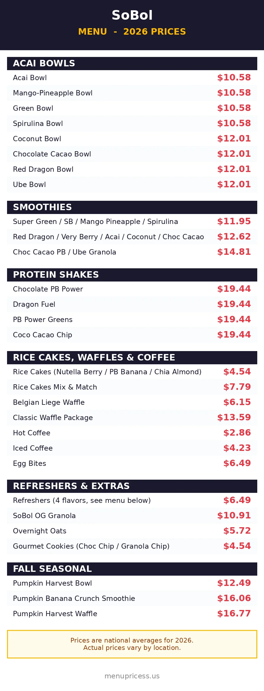 SoBol menu card 2026 with acai bowl and smoothie prices