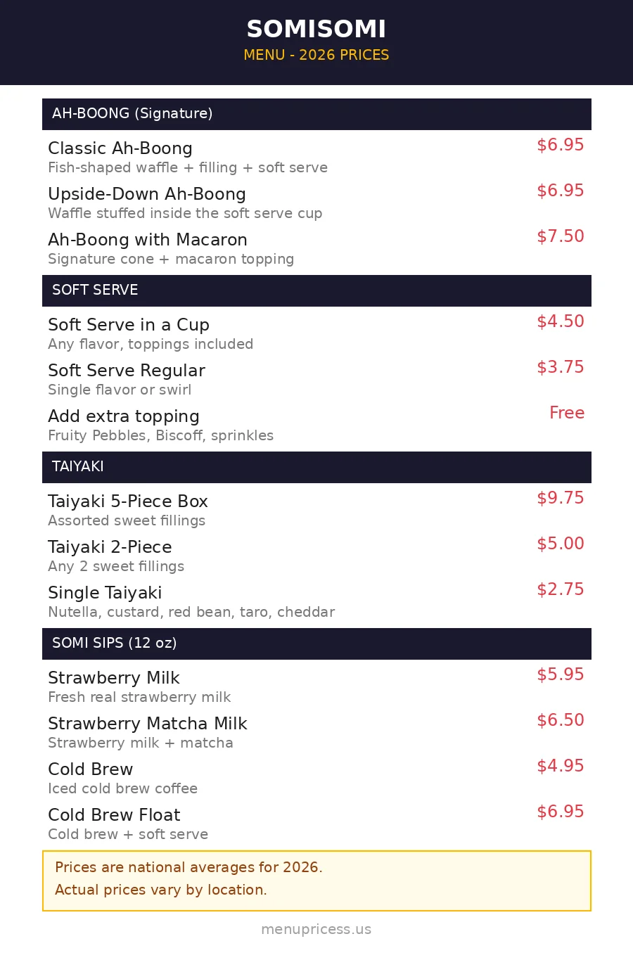 SomiSomi menu prices 2026 full menu card with Ah-Boong, soft serve, taiyaki and Somi Sips drinks