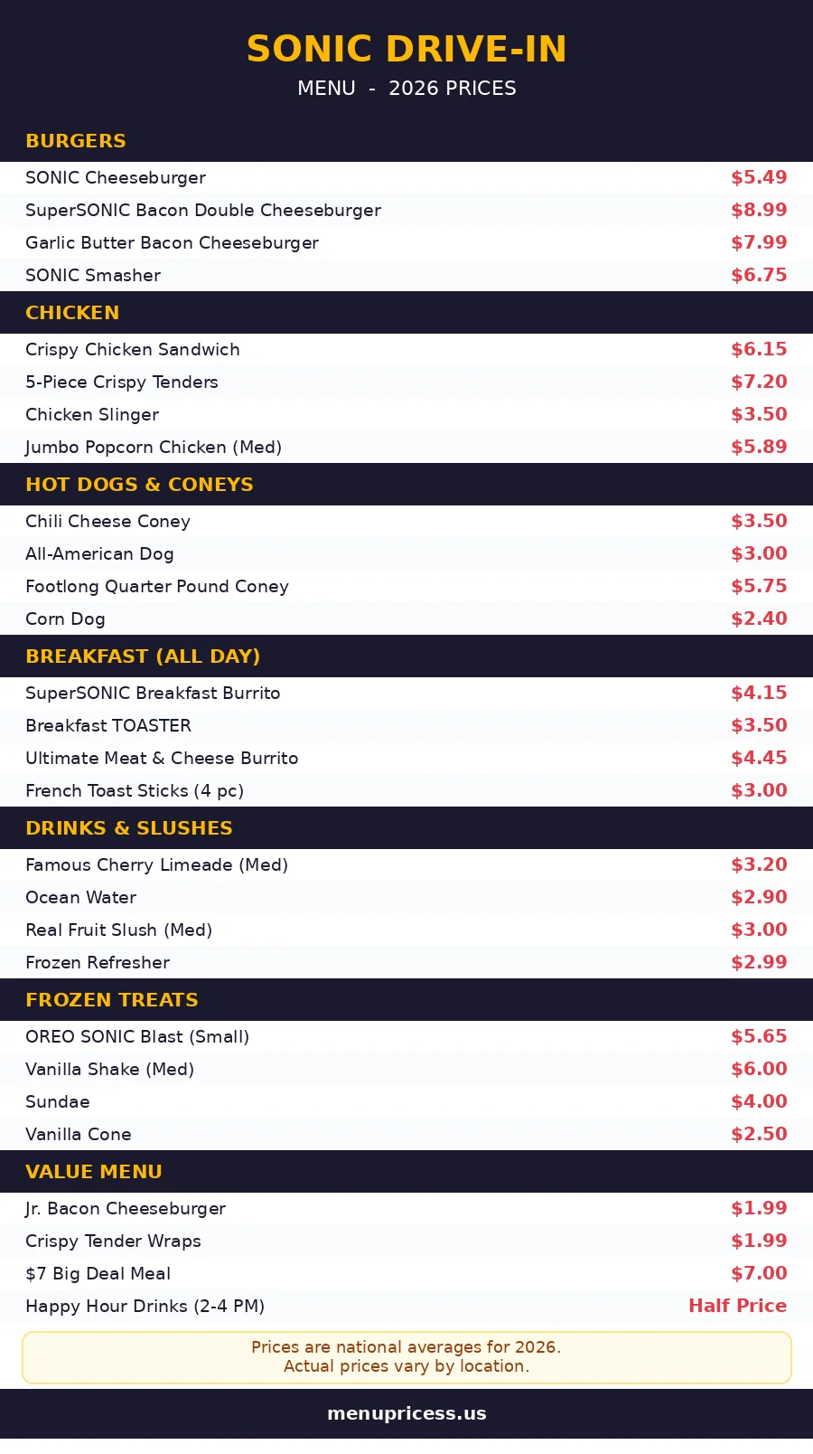 Sonic menu card with prices 2026