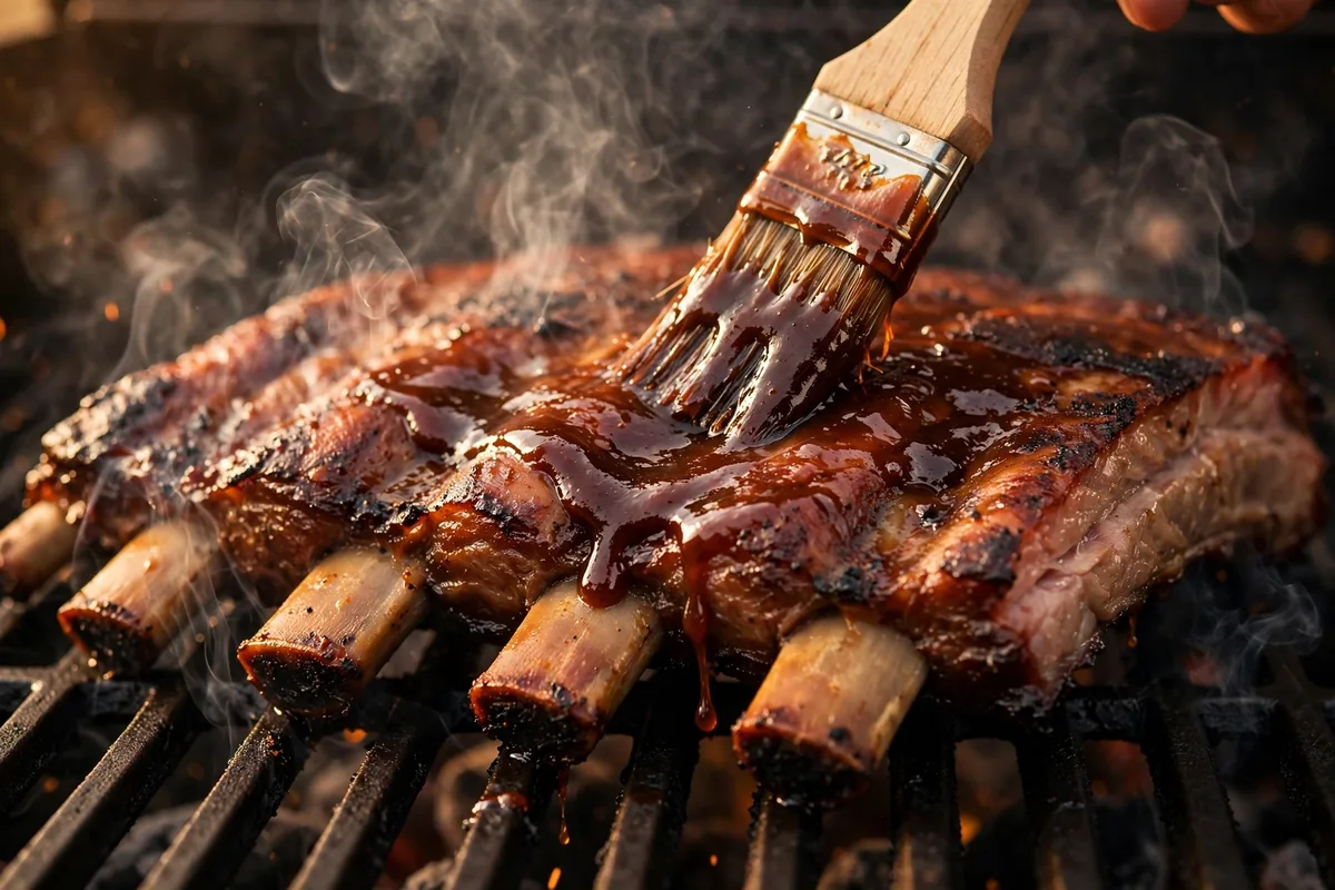 sonnys bbq baby back ribs brushed with bbq sauce on the grill