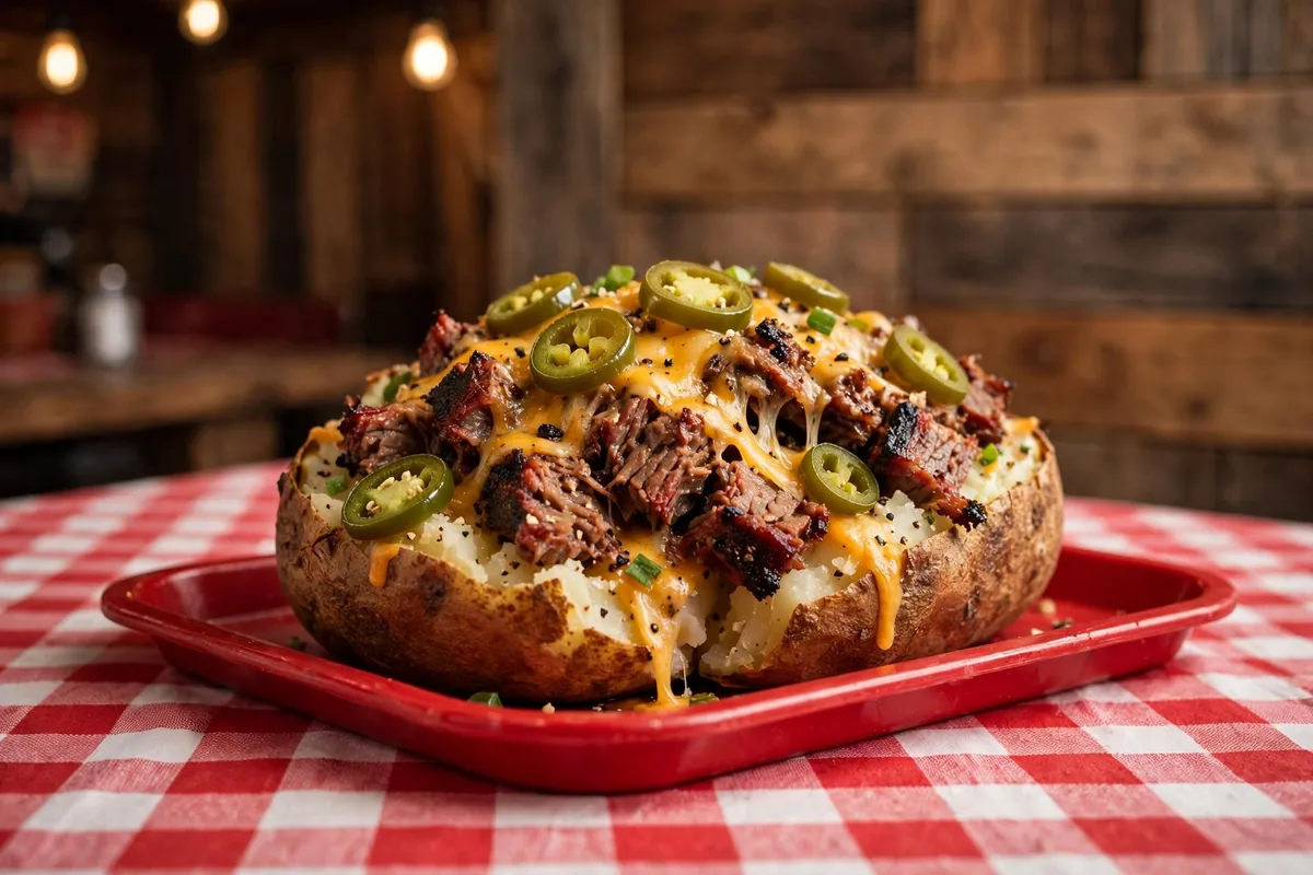 Soulman's Bar-B-Que loaded baked potato with chopped brisket, cheese and fixin's