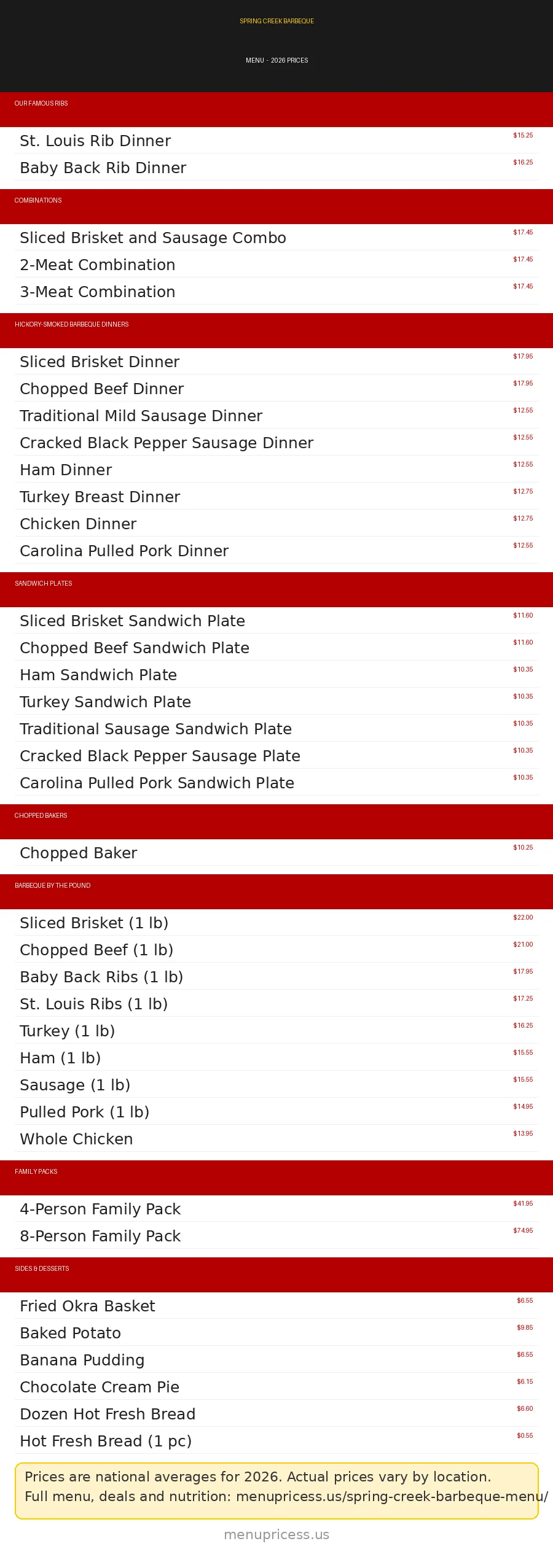 Spring Creek Barbeque menu card with 2026 prices for ribs, dinners, family packs and sides