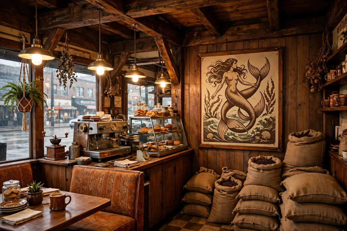 Starbucks logo meaning: vintage 1970s coffee shop with a retro twin-tailed siren poster