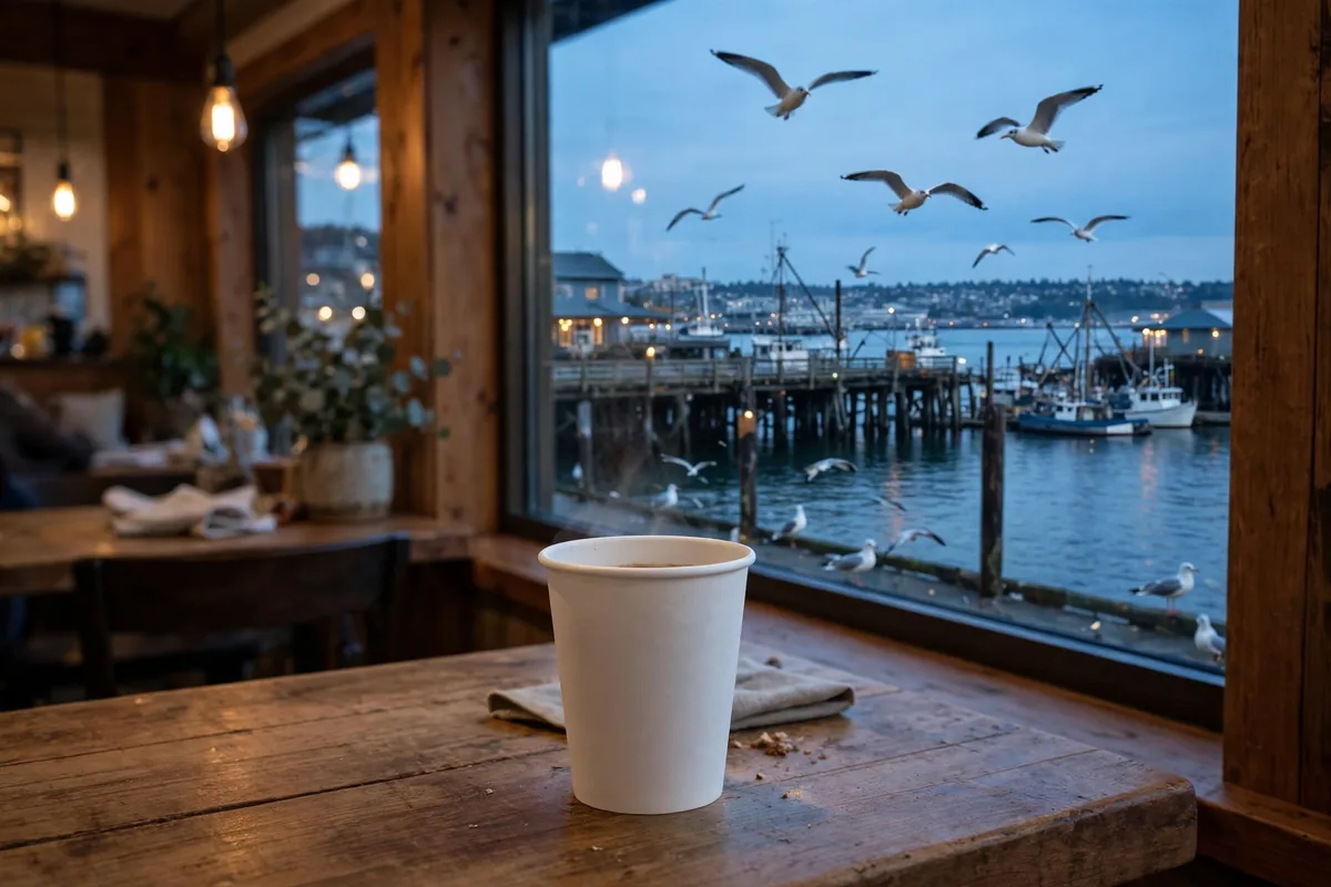 Starbucks logo meaning: Seattle harbor at dusk, the seafaring city where the twin-tailed siren was born in 1971