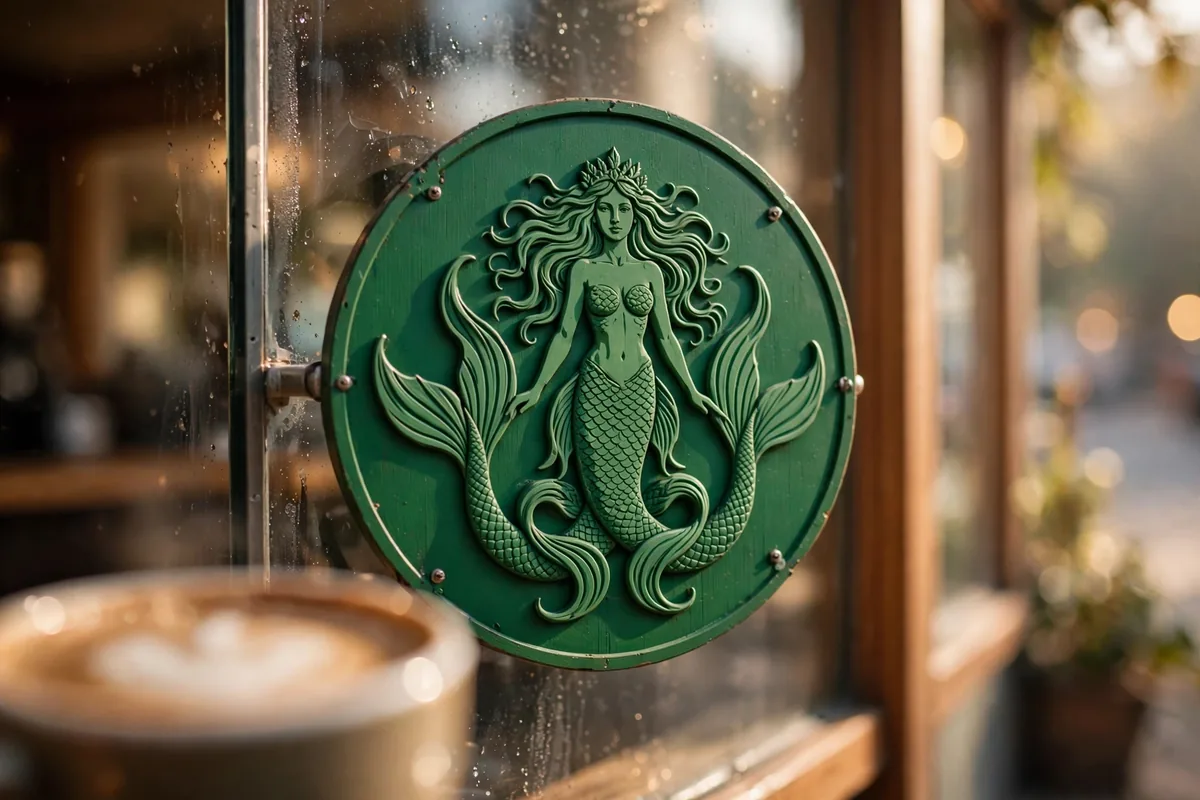 starbucks logo meaning: green twin-tailed siren coffee shop sign