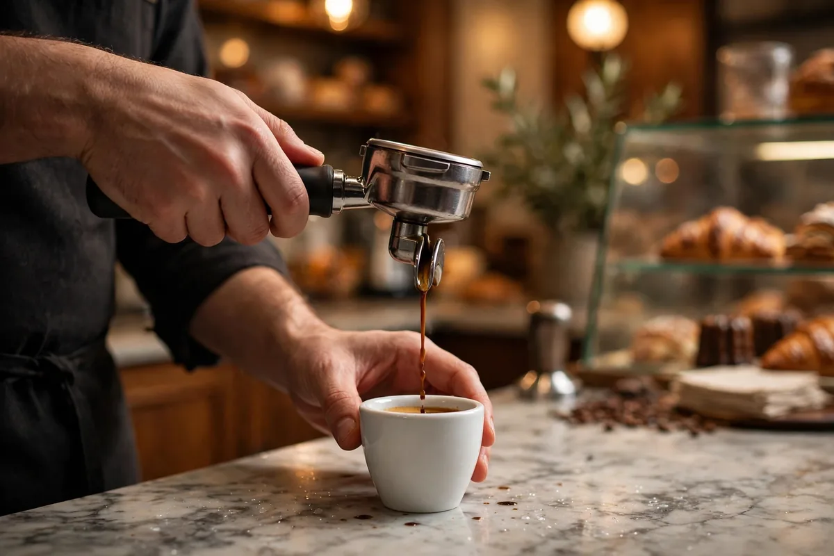 Espresso being poured at an Italian coffee bar, the kind Howard Schultz saw in Milan in 1983