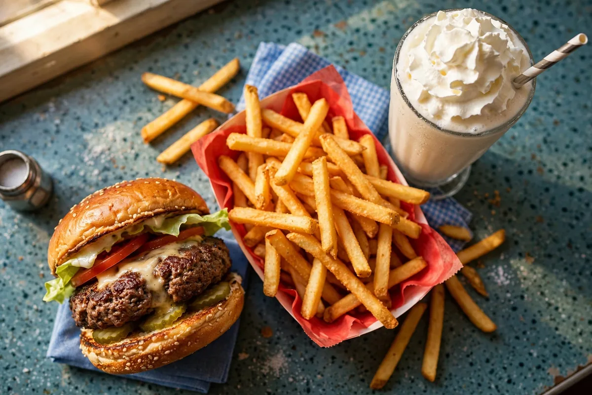 Steak 'n Shake steakburger, fries and milkshake