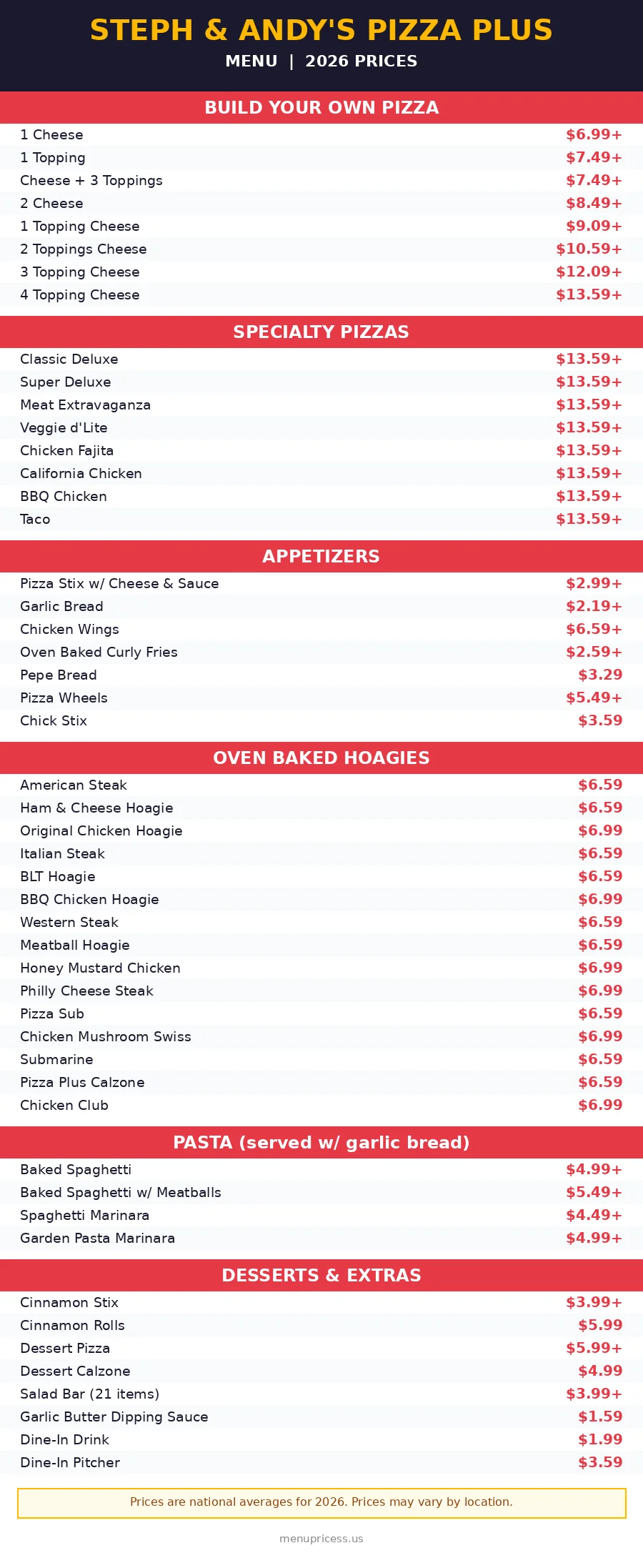 Steph and Andys Pizza Plus menu prices menu card 2026