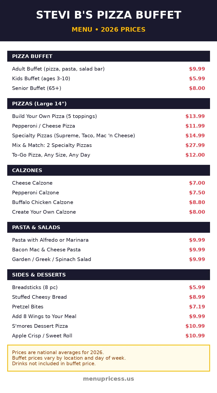 Stevi B's menu prices 2026 card - buffet, pizzas, calzones, desserts
