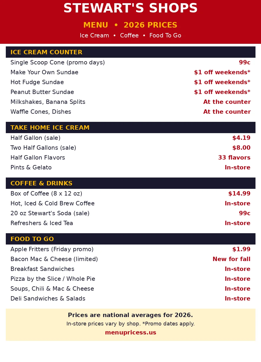Stewart's Shops menu prices 2026 menu card ice cream coffee food to go