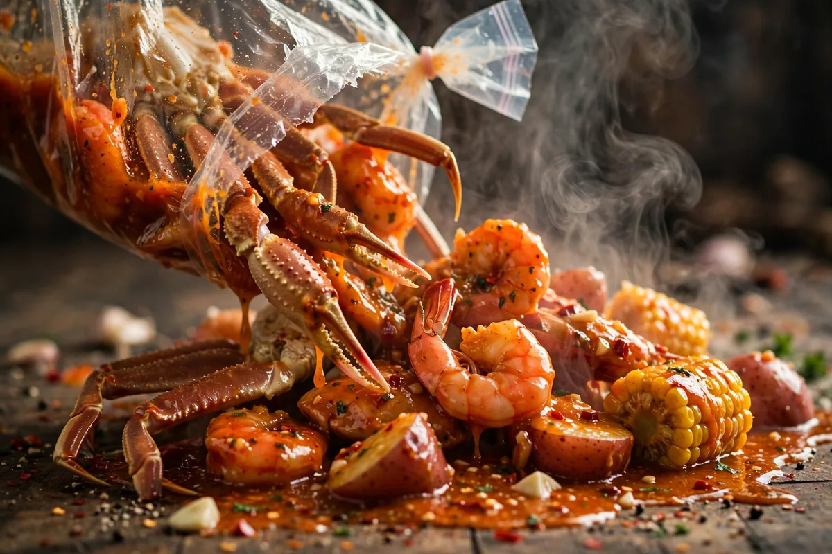 Storming Crab seafood boil bag with snow crab legs drenched in Cajun garlic butter sauce