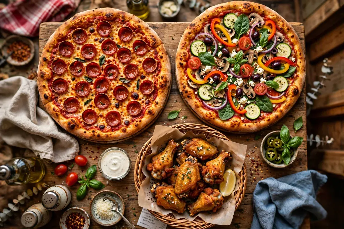 Straw Hat Pizza menu prices 2026 - pepperoni and veggie pizzas with chicken wings