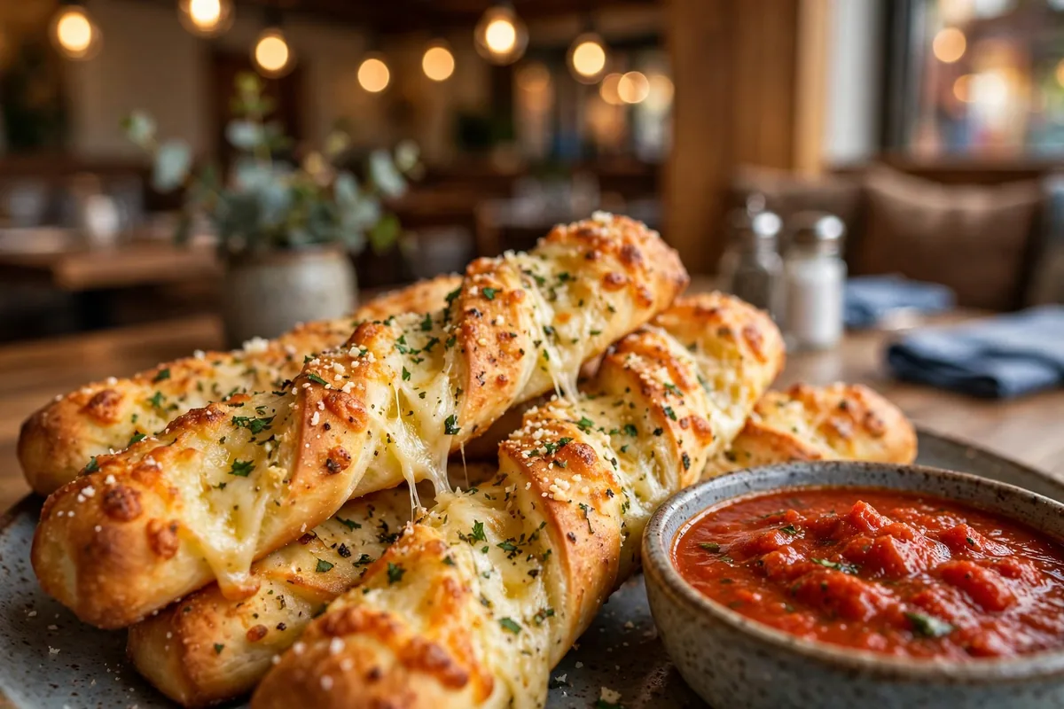 Straw Hat Pizza menu prices 2026 - cheesy garlic breadsticks with marinara dipping sauce