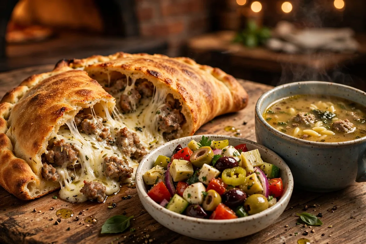 Streets of New York calzone, chopped antipasto salad and Italian wedding soup