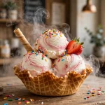 Sub Zero menu prices 2026: liquid nitrogen ice cream sundae with cold vapor in a waffle bowl