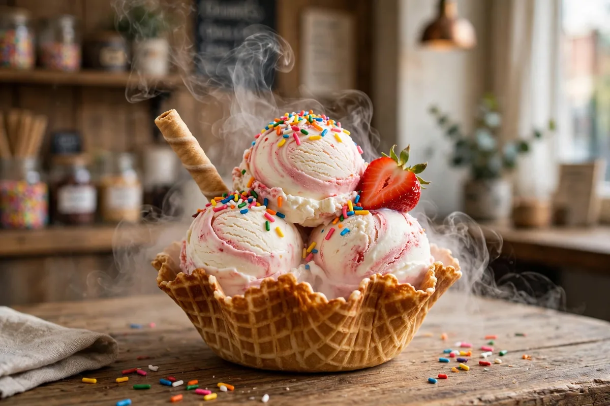 Sub Zero menu prices 2026: liquid nitrogen ice cream sundae with cold vapor in a waffle bowl